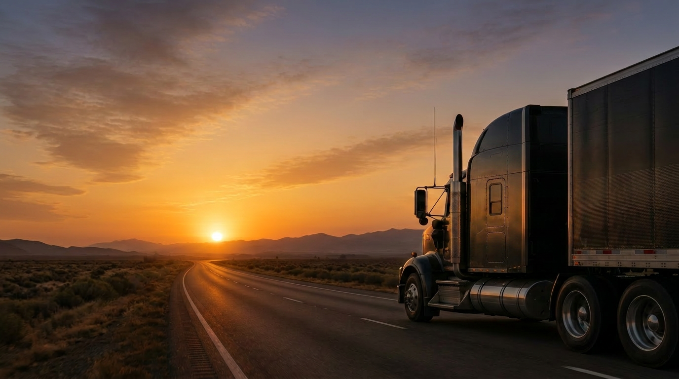 Freight truck on an Australian outback highway at golden hour