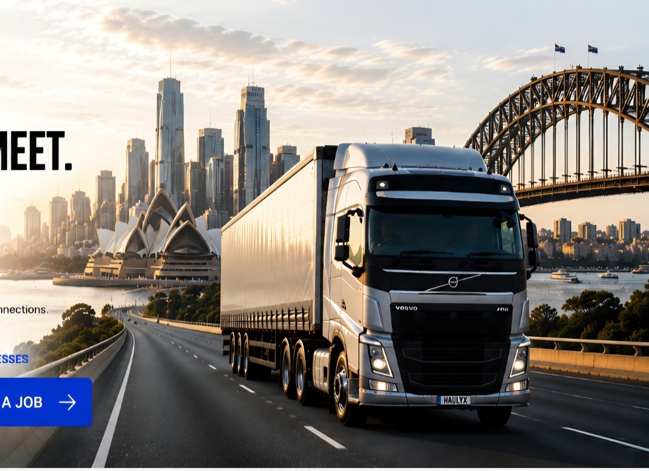 Truck crossing a highway with the Sydney skyline and Harbour Bridge behind