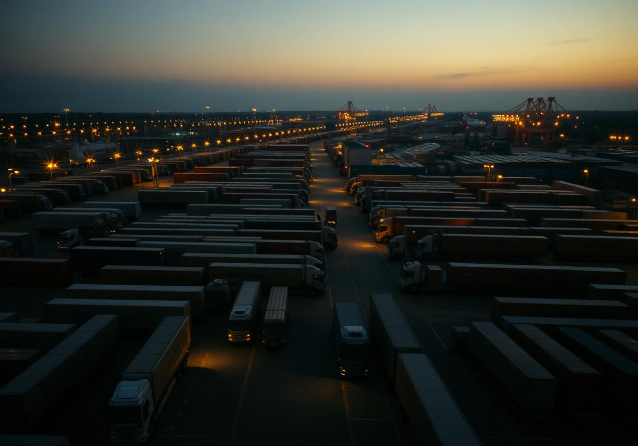 Aerial view of a logistics yard with freight trucks at dusk