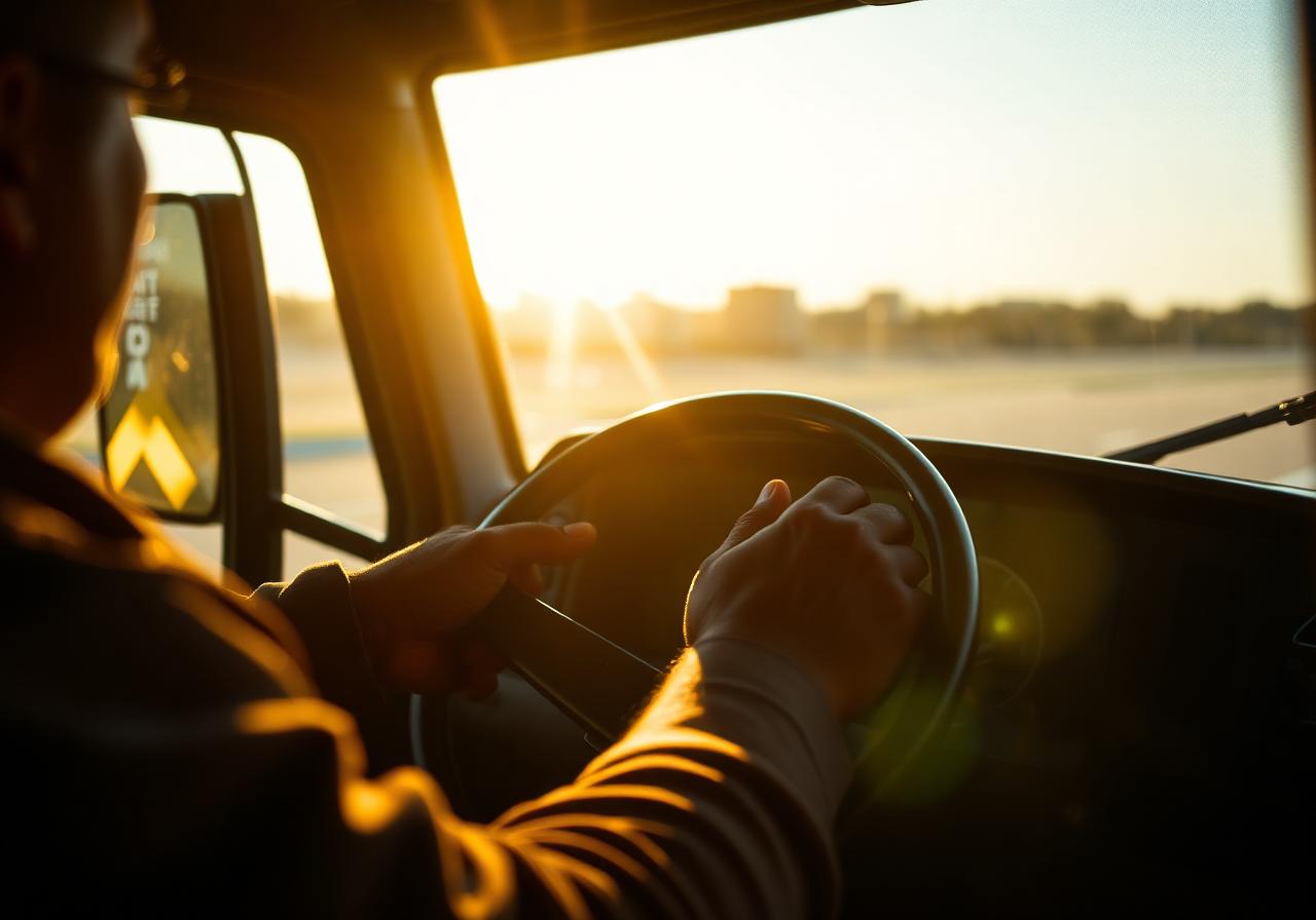 Truck driver behind the wheel of a heavy vehicle in warm afternoon light